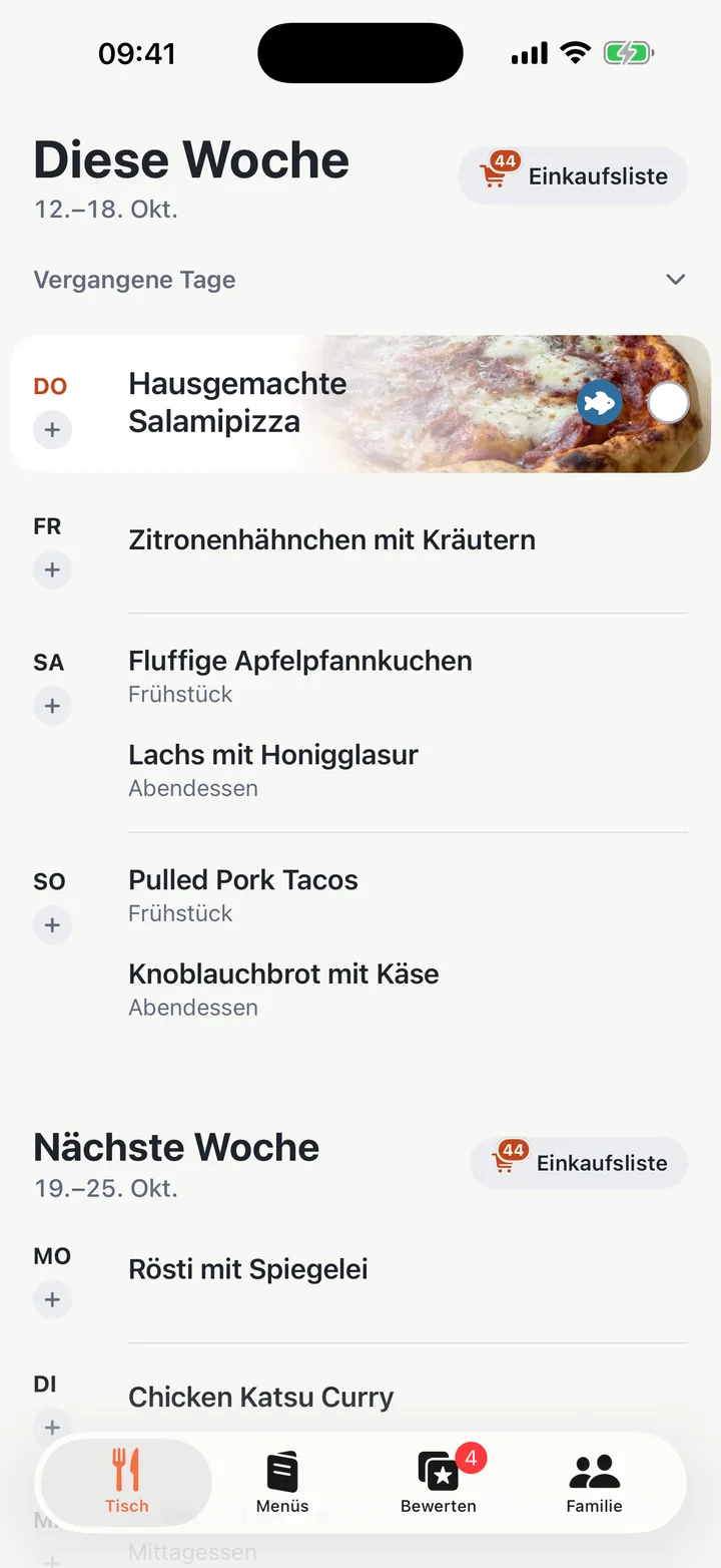 Yadlo zeigt eine geplante Woche mit Abendessen