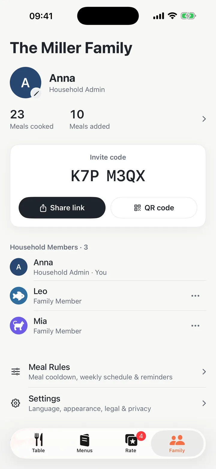 A family with its invite code in Yadlo