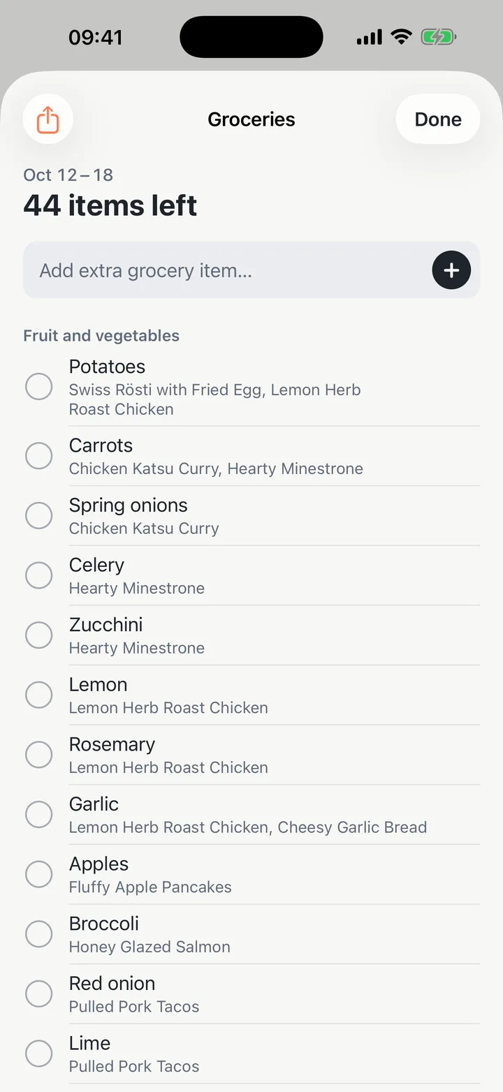 The grocery list Yadlo creates from the week plan