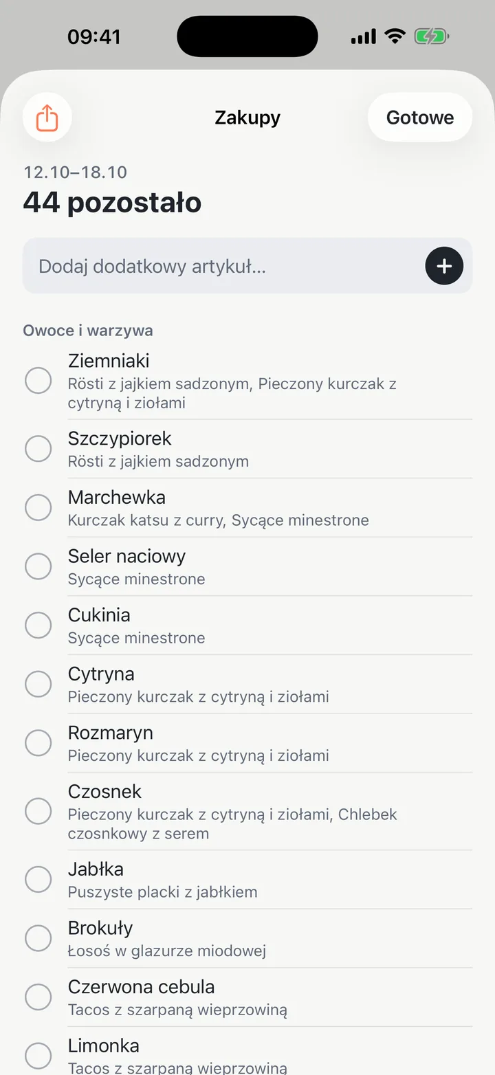 Lista zakupów tworzona przez Yadlo z planu tygodnia